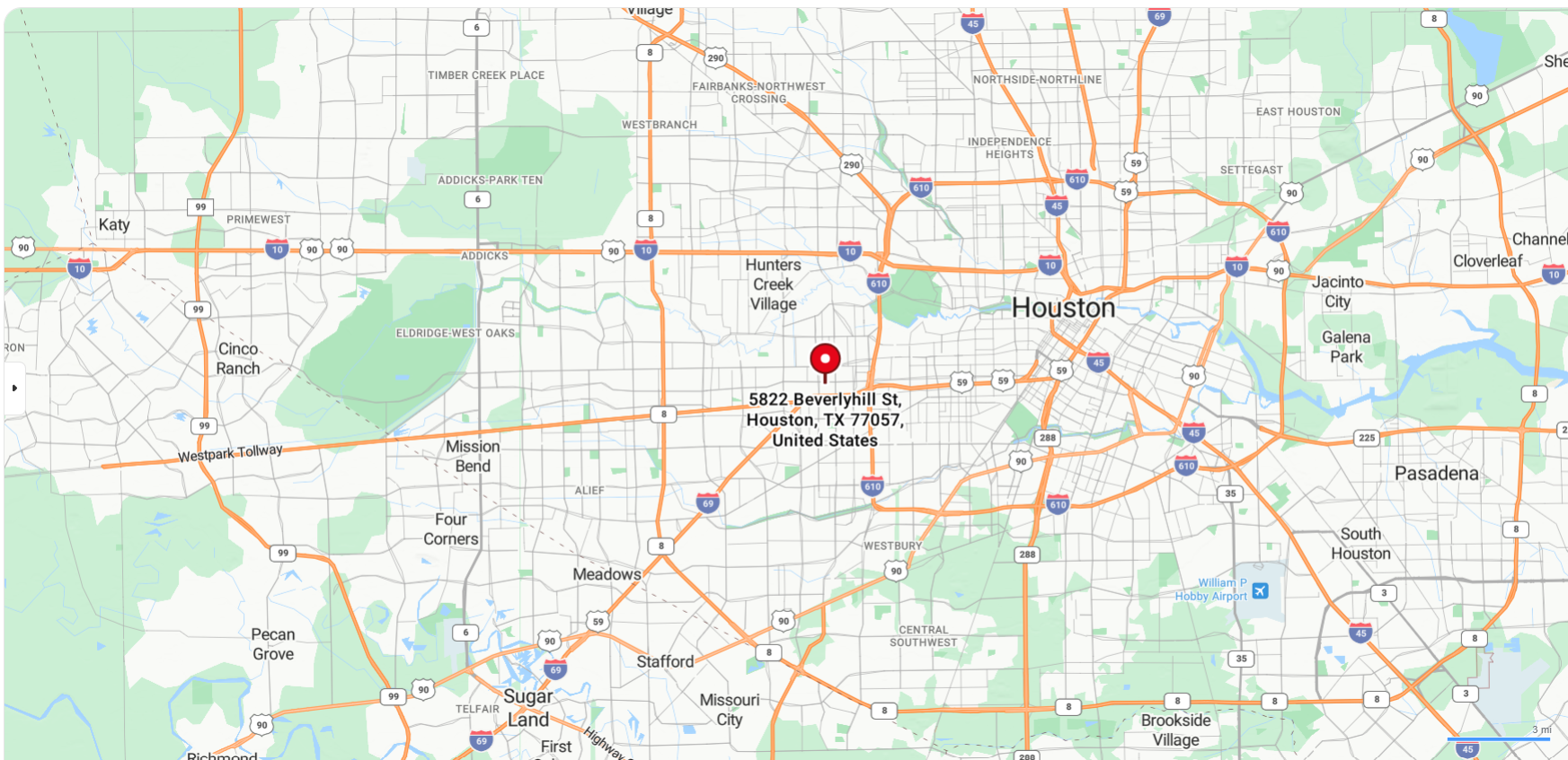 Map of Houston with a red marker indicating a location.
